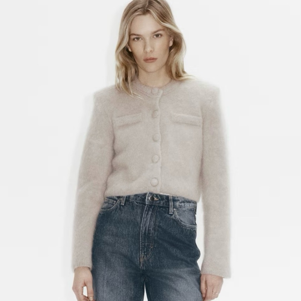 H&M NWT LIGHT TAUPE MOHAIR-BLEND CARDIGAN WITH SHOULDER PADS